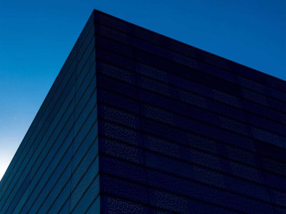 La esquina superior de un edificio alto y de color oscuro, recortada contra un despejado cielo azul