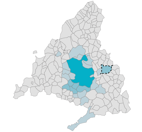 Mapa de la Comunidad de Madrid, dónde se ver resaltado el municipio Alcalá de Henares