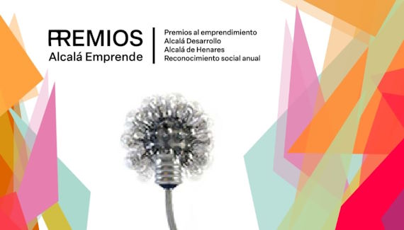 Una bombilla con bombillitas, con un cable metálico bajo el texto «Premios Alcalá Emprende. Premios al emprendimiento. Alcalá Desarrollo. Alcalá de Henares. Reconocimiento social anual.»