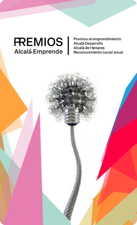 Una bombilla con bombillitas, con un cable metálico bajo el texto «Premios Alcalá Emprende. Premios al emprendimiento. Alcalá Desarrollo. Alcalá de Henares. Reconocimiento social anual.»